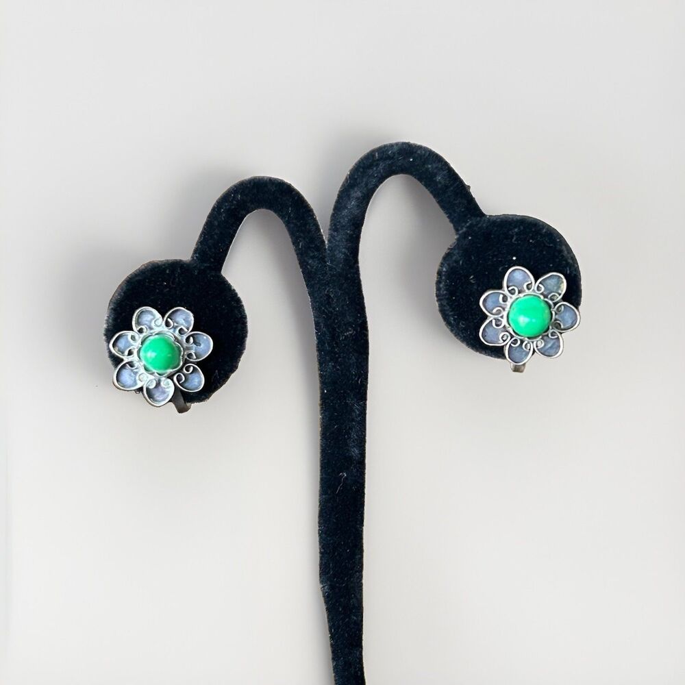 Vintage Mexico Sterling Silver Green Cabochon Flower Screw Back Earrings 4.5g